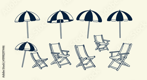 Hand Drawn Set of Minimalist Beach Umbrellas and Deck Chairs Vector Illustration for Summer Design