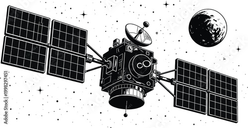 A satellite with solar panels and a dish antenna Vector
