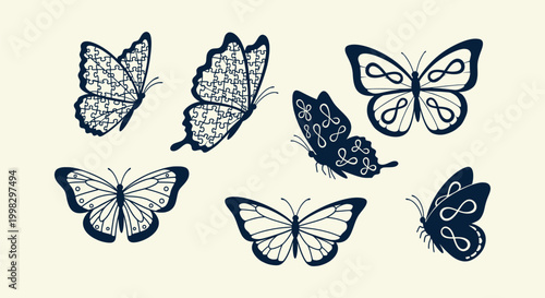 Neurodiversity Autism Awareness Butterflies Set with Puzzle and Infinity Symbol Vector Elements