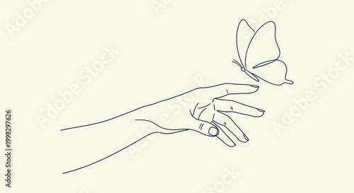Minimalist Hand with Butterfly Fine Line Art Illustration on Cream Background Aesthetic Design