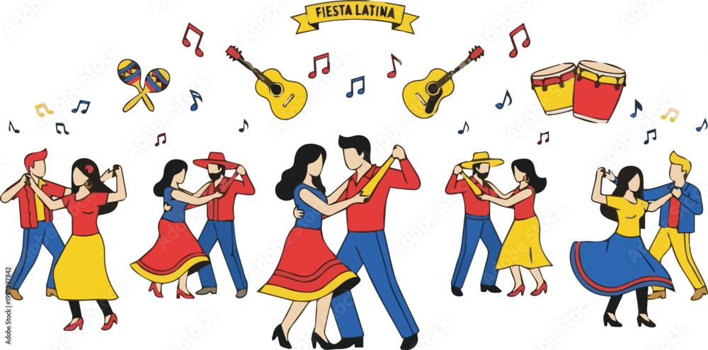 Fototapeta premium People dancing together outdoors with musical instruments and notes