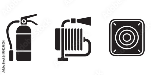 Fire Protection Equipment Solid Icons Set with Extinguisher, Hose, and Alarm Bell