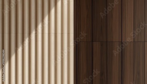 Architectural close-up of fluted travertine stone wall intersecting with dark wood paneling