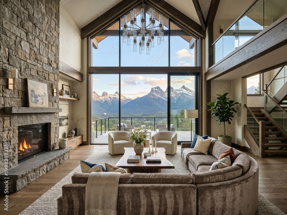 Fototapeta premium Large cozy living room with a stone fireplace and mountain view through tall windows. A chandelier hangs above the furniture and hardwood floors.