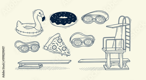 Hand-drawn swimming pool accessories set with flamingo floatie, diving board and goggles elements