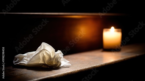 pew. A wrinkled handkerchief on a church pew beside a nearly extinguished candle. symbolizing life milestones and joyful moments.