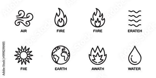 Set of minimalist black and white line icons representing natural elements like air, fire, earth, and water