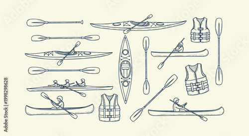 Hand-Drawn Kayaking and Canoeing Gear Illustration Set Featuring Paddles, Boats, and Life Jackets