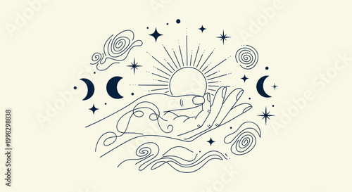Celestial Mystic Hand Holding Sun and Moon Line Art Illustration with Stars and Waves Elements.