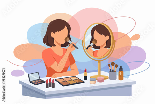 Woman applying makeup with brush in front of mirror illustration