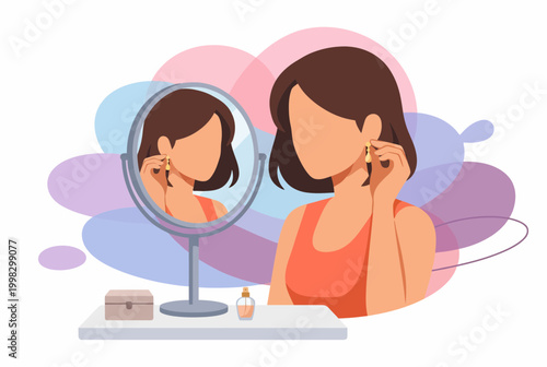 Woman putting on earrings in front of vanity mirror illustration