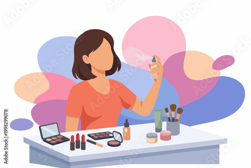 Woman Applying Facial Mist at Makeup Table with Cosmetics
