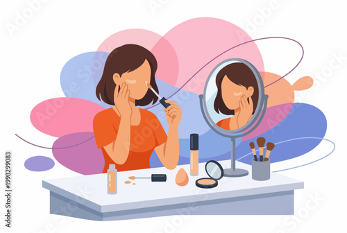 Woman Applying Makeup at Vanity Table Illustration