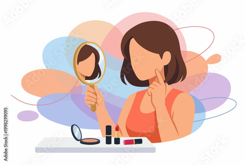 Woman Looking in Mirror and Applying Makeup Flat Vector Illustration