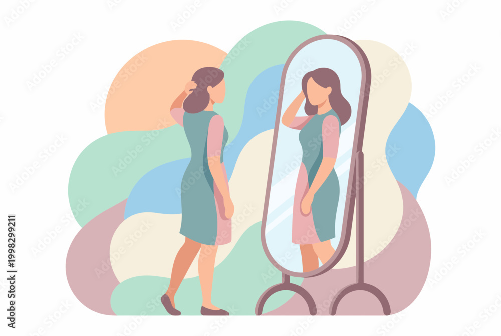 Obraz premium Young woman looking at her reflection in a floor mirror