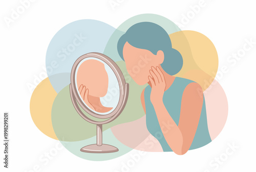 Young woman looking into a vanity mirror for skincare routine