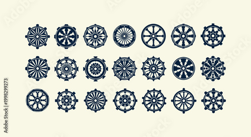 Dharmachakra Wheel Set Buddhist Symbols for Spiritual Religion Culture and Zen Meditation Design
