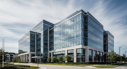 Striking modern glass office building with a reflective facade and multiple floors, set against a bright sky, embodying contemporary corporate architecture and urban development
