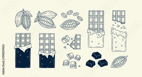Vintage Style Chocolate Bar and Cocoa Bean Sketches Isolated Collection for Culinary Graphics Art