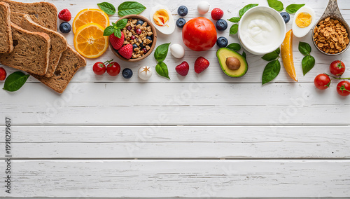 白木の背景に朝食食材を並べたヘルシーな料理写真