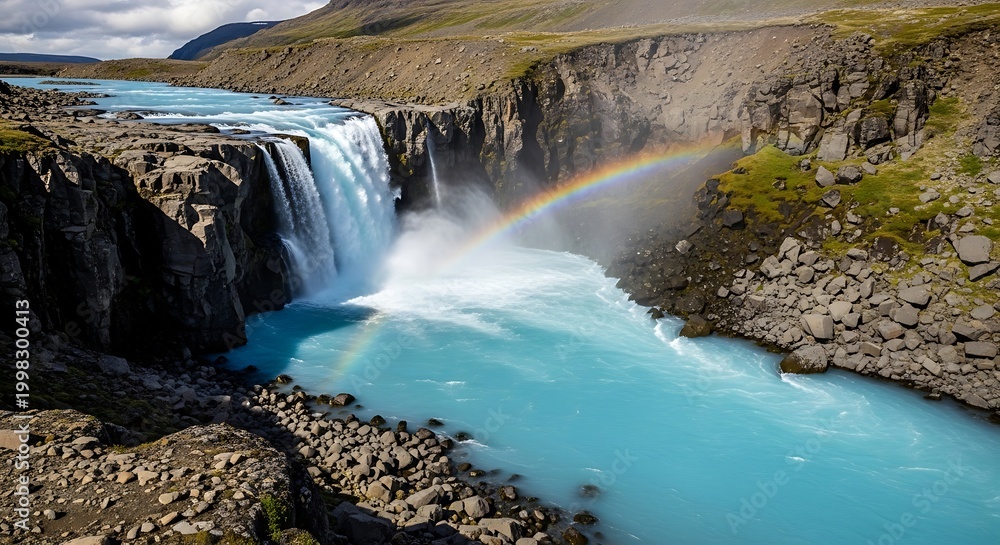Obraz premium Breathtaking turquoise waterfall cascading into a dramatic canyon, adorned by a vibrant rainbow, creating a spectacular natural wonder amidst rugged, desolate highlands