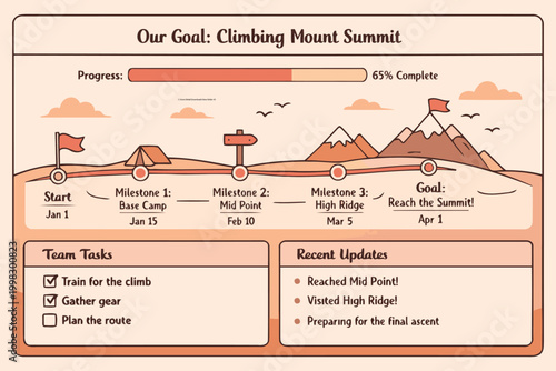 Climbing summit progress tracker with milestones and team tasks Vector