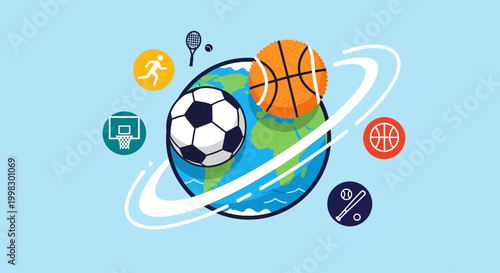 The world cup football championship features various sports on a globe.
