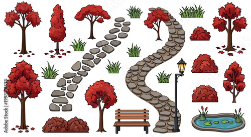 Autumn park landscape elements vector set, red fall trees and stone garden paths, outdoor park bench and street lamp icons on white background