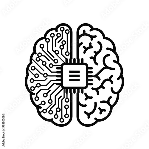 A fusion of human brain and digital circuitry with a central menu icon.