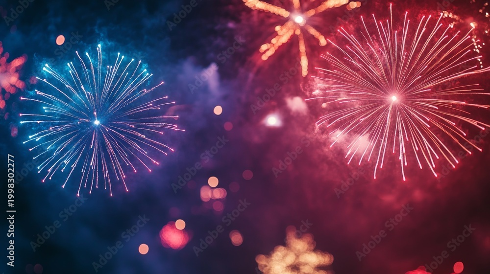 Fototapeta premium The dazzling bursts of the festive fireworks light up the night sky in shades of red and blue — a splendid backdrop for New Year’s greetings and other celebrations.