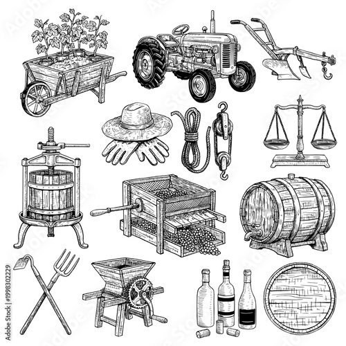 Hand Drawn Vineyard Farming and Winemaking Equipment Vector Collection