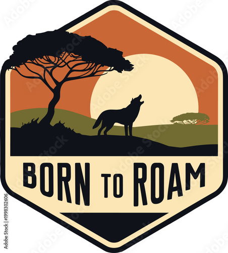 Born to roam logo with wolf and tree silhouette at sunset