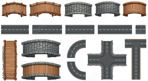 Isometric road and bridge construction kit, modular wooden and stone bridges, asphalt highway sections and intersections for map design