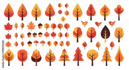 Autumn forest vector collection, flat geometric trees and leaves set, orange and red fall nature elements, seasonal foliage and woodland icons