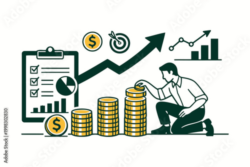 Businessman counting gold coins and checking financial growth chart Vector