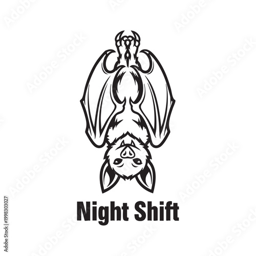 bat hanging upside down with night shift text silhouette high quality professional detailed modern elegant stylish