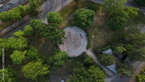 Cinematic Drone View of Kaisaniemi Park Dance Pavilion on a Beautiful Sunny Day