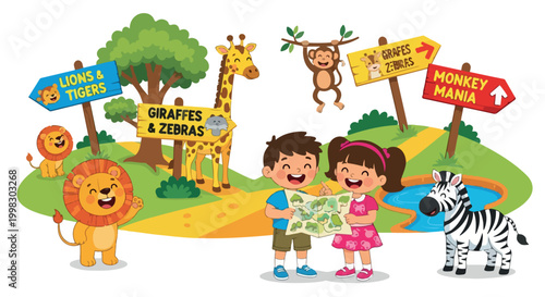 Cartoon zoo illustration with children holding map, cute safari animals and directional wooden signs, kids visiting wildlife park vector