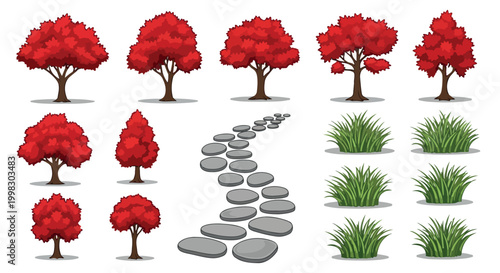 Red autumn trees and garden landscape elements, set of 16 vector icons, winding stone path with green grass tufts for park map design