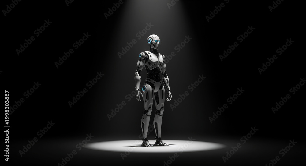 Fototapeta premium Humanoid robot in dramatic spotlight with futuristic elegant design