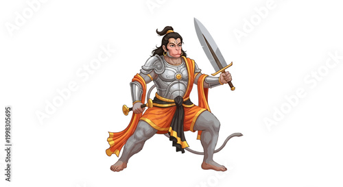 Photography Warrior Hanuman Pixel Art, Hindu Deity, Sword, Armor, Mythological Character