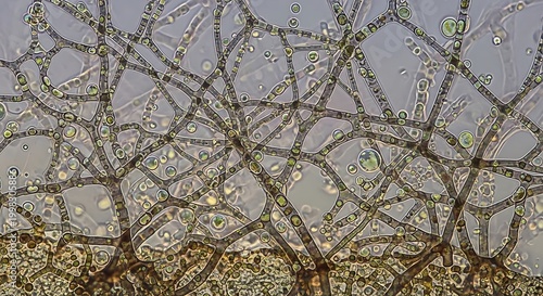 Microscopic view of fungal mycelium network.