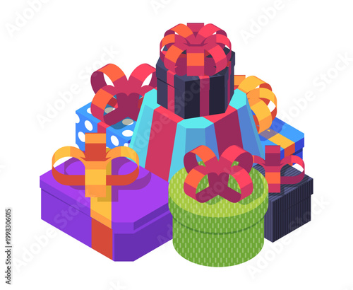 Closed stacked gift boxes. Vector wrapped isometric cylindrical and square, heart and trapezoid shaped packages decorated with bows and ribbons. Isolated festive surprise cardboards icons