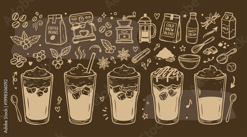 American Drink Vintage 1930s Rubber Hose Style Cold Foam Coffee and Dalgona Latte Ingredient Doodle Set