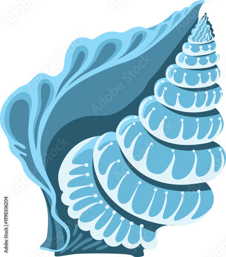 Blue conch seashell with decorative dots and swirl ornate marine shell isolated