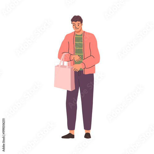 Male personage with shopping bag buying products from hypermarket or supermarket. Vector in flat style, isolated customer in shop, grocery store produce in tote. Purchasing food for lunch