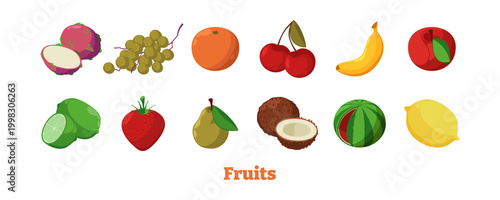 Fruit assortment, isometric harvest collection. Vector cherry, apple and banana, orange and lemon, lime and strawberry, grape and pear, coconut and dragonfruit. Healthy food variety and vitamin source