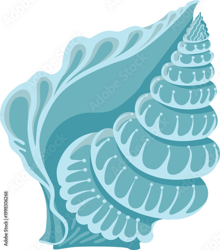 Light blue conch seashell with decorative dots and swirl ornate marine shell isolated