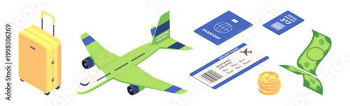 Travel preparation elements. Vector suitcase and airplane, flight ticket and paper money, coin and travel document. Vacation planning and tourism expenses, transportation and journey organization