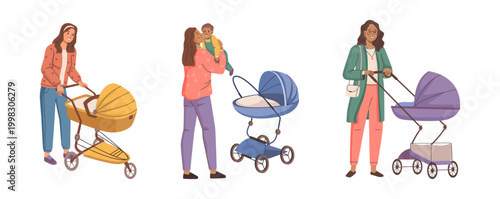 Moms walking with kid in stroller. Vector in flat style, isolated mother character with infant spending time together. Motherhood and childcare, comfortable carriage for child, cute buggy